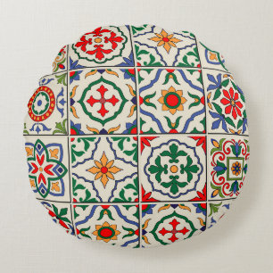 Cojín Redondo Baldosas Marroquíes: Colorido Patrón Sin Mar.
