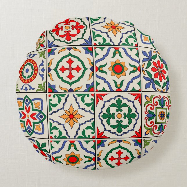 Cojín Redondo Baldosas Marroquíes: Colorido Patrón Sin Mar. (Anverso)