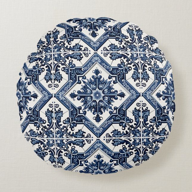Cojín Redondo Baldosas mediterráneas, portuguesas, azulejo, mall (Anverso)