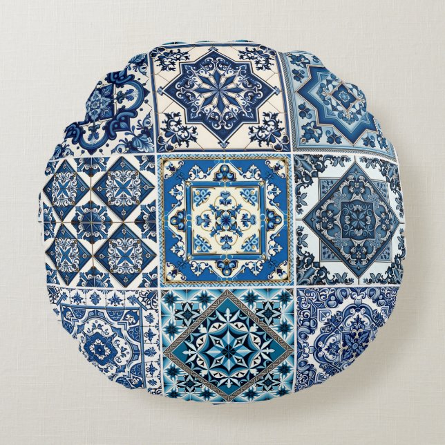 Cojín Redondo Baldosas mediterráneas, portuguesas, azulejo, mall (Anverso)