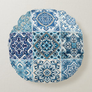 Cojín Redondo Baldosas mediterráneas, portuguesas, azulejo, mall
