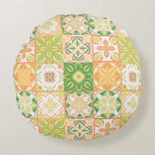 Cojín Redondo Baldosas orgánicas en verde y amarillo