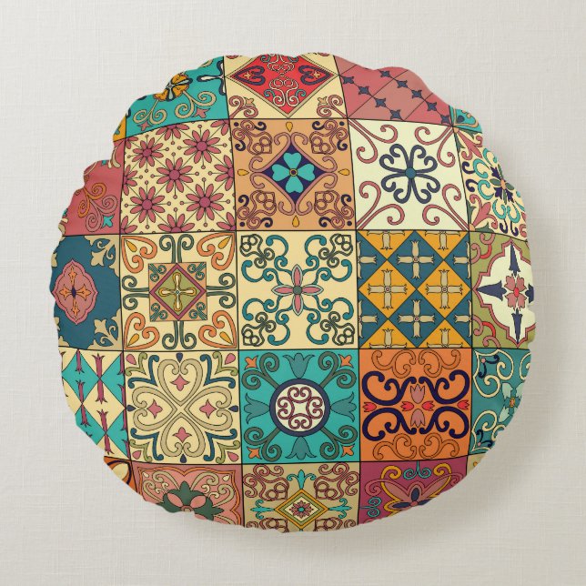 Cojín Redondo Baldosas portuguesas: Estilo Azulejo sin inconveni (Anverso)