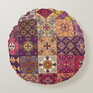 Cojín Redondo Baldosas portuguesas: patrón de estilo talavera.