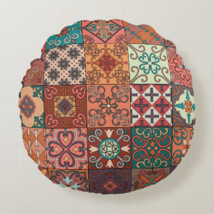 Cojín Redondo Baldosas Portuguesas: Talavera Estilo Azulejo.