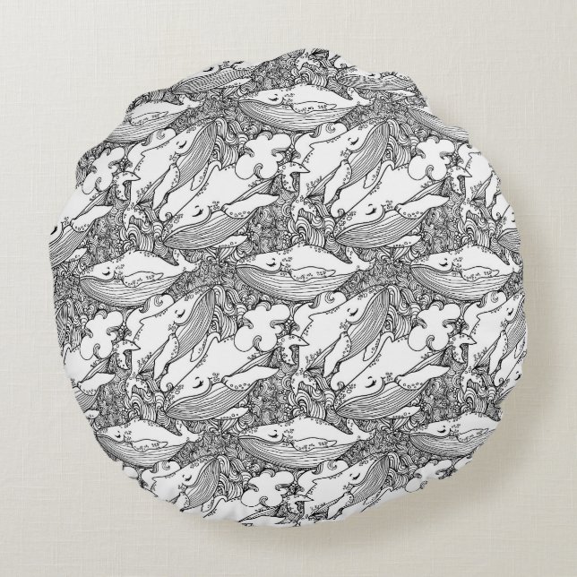 Cojín Redondo Ballena jorobada blanca y negra (Reverso)