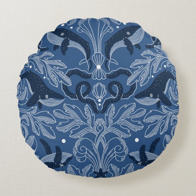 Cojín Redondo Ballenas náuticas, patrón de textura damascal. (Anverso)