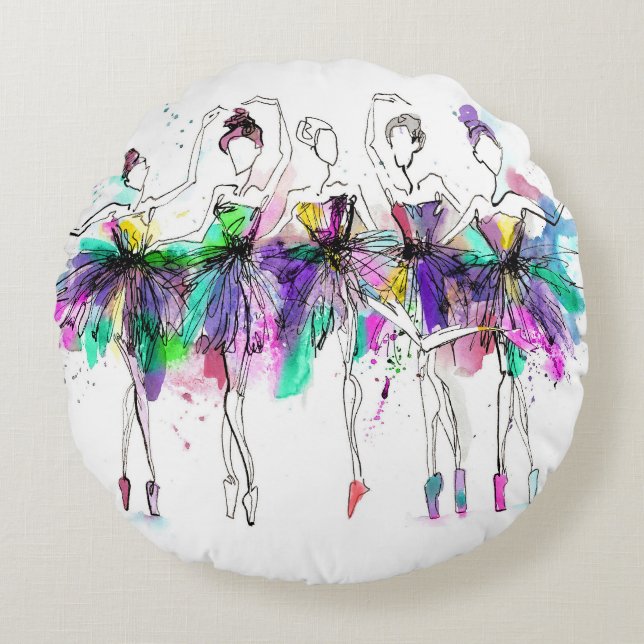 Cojín Redondo Ballerinas acuarelas: Ilustracion de danza brillan (Anverso)