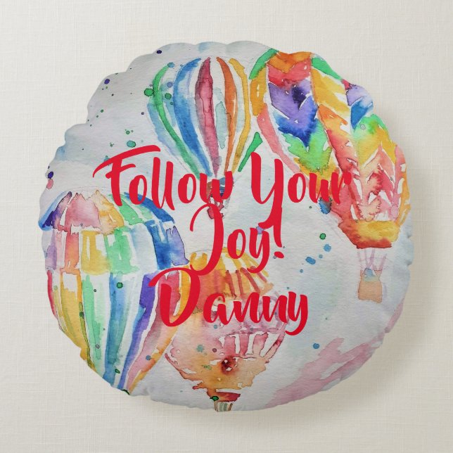 Cojín Redondo Balón de aire caliente acuarela Niños Niño Nombre  (Anverso)