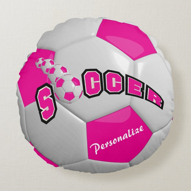 Cojín Redondo Balón de fútbol rosa caliente | Personalizar (Anverso)