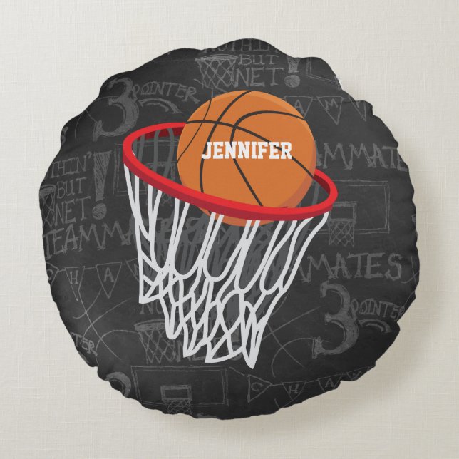 Cojín Redondo Baloncesto de Chalkboard y Hoop personalizados (Reverso)