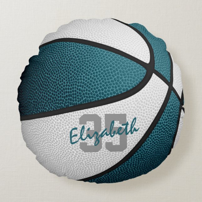 Cojín Redondo Baloncesto deportivo de chicas blancos verde azula (Anverso)