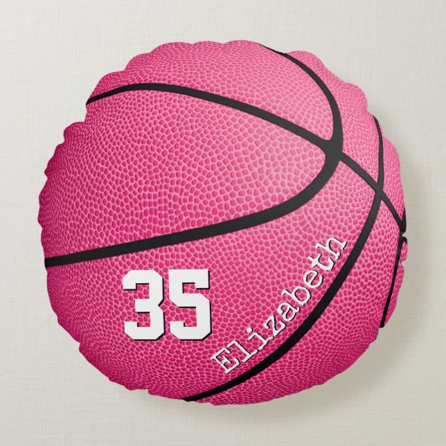 Cojín Redondo baloncesto personalizado lindo giratorio rosa (Anverso)