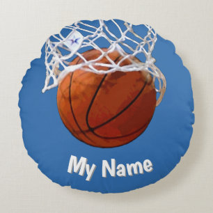 Cojín Redondo Baloncesto Tu Nombre Fondo Azul Acero Personalizad