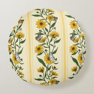 Cojín Redondo Banda floral de raíz solar sobre blanco roto