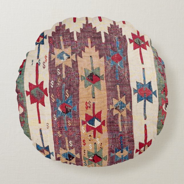 Cojín Redondo Banda horizontal Kilim Púrpura Bandas Verdes  (Anverso)