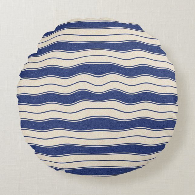 Cojín Redondo Bandas azul y blanco onduladas (Anverso)