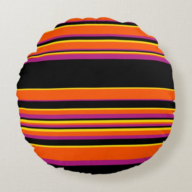 Cojín Redondo Bandas complejas: negro, rosa, Naranja y amarillo (Anverso)