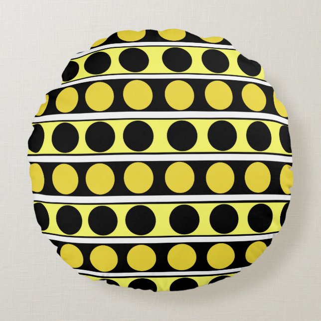 Cojín Redondo Bandas negras, amarillas y blancas y puntos de pol (Anverso)