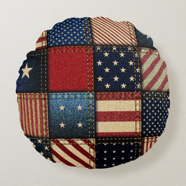 Cojín Redondo Bandera Americana, Patrón sin problemas. (Anverso)