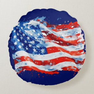 Cojín Redondo Bandera Americana USA Acuarela 4 de Julio