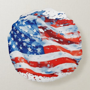 Cojín Redondo Bandera Americana USA Acuarela 4 de Julio