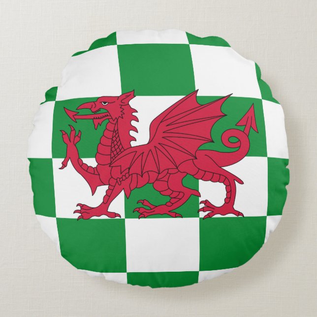 Cojín Redondo Bandera Celta Dragón Rojo Místico de Gales (Anverso)