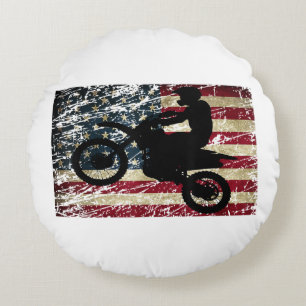 Cojín Redondo Bandera de Dirt Bike Estados Unidos Camiseta Motoc