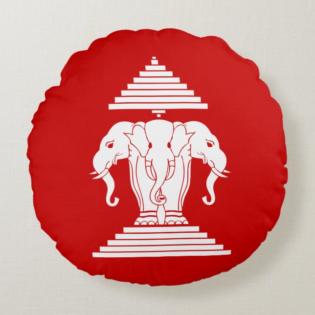 Cojín Redondo Bandera de Erawan Three Heheed Elephant Lao/Laos (Anverso)