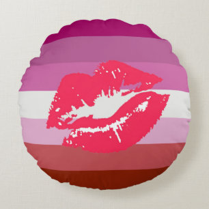 Cojín Redondo Bandera de Orgullo Lesbiana con Lápiz Labial