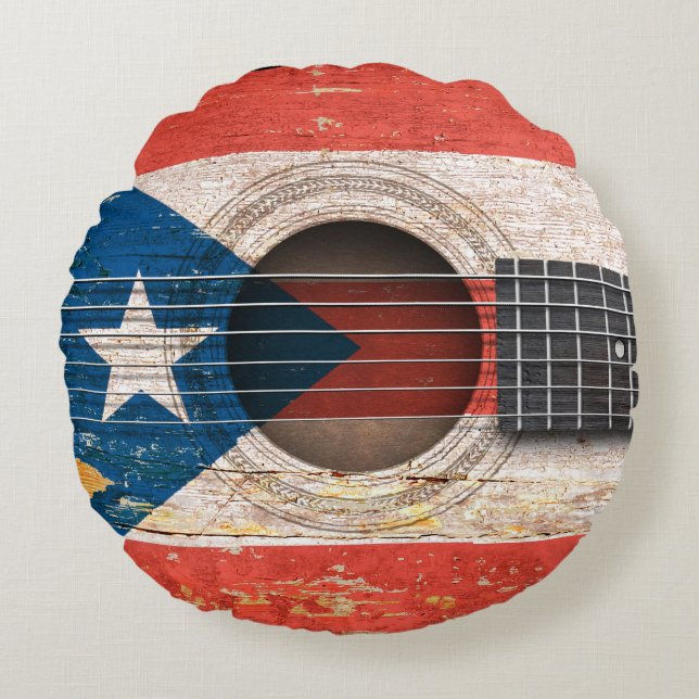 Cojín Redondo Bandera de Puerto Rico en la guitarra acústica (Anverso)