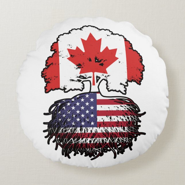 Cojín Redondo Bandera de raíces de árbol de Canadá estadounidens (Anverso)