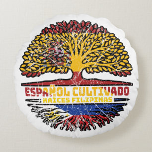 Cojín Redondo Bandera de raíces de árboles españoles en Filipina