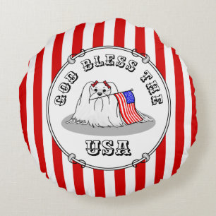 Cojín Redondo Bandera Patriótica Americana Perro Maltés de Estad