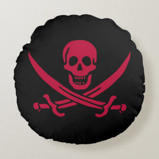 Cojín Redondo Bandera pirata de Calico Jack con cráneo rojo y es