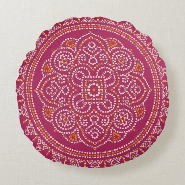 Cojín Redondo Bandhani Mandala Tradicional (Anverso)