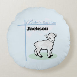 Cojín Redondo Baptism Blue Boy Lamb, Personalizable
