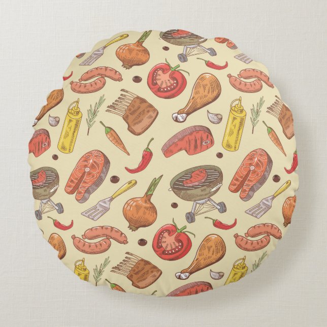 Cojín Redondo Barbacoa, parrillada, fondo a mano sin costuras. (Anverso)