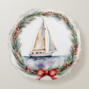 Cojín Redondo Barco acuático en la guirnalda de los Navidades