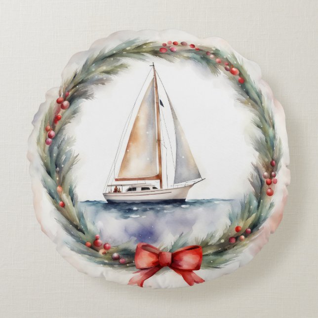 Cojín Redondo Barco acuático en la guirnalda de los Navidades (Anverso)