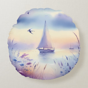 Cojín Redondo Barco de vela pastel Paisaje de ensueño costero