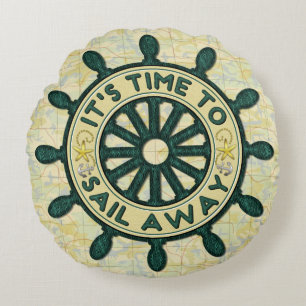 Cojín Redondo Barco náutico Helm Wood Wheel Old Map Away