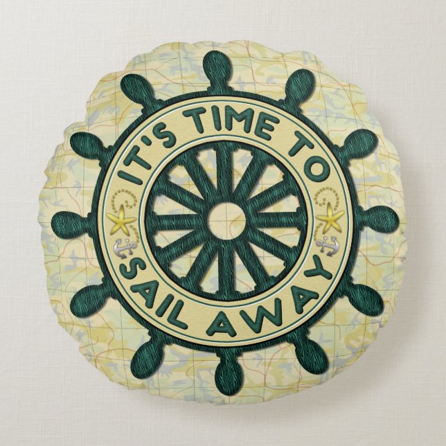 Cojín Redondo Barco náutico Helm Wood Wheel Old Map Away (Anverso)
