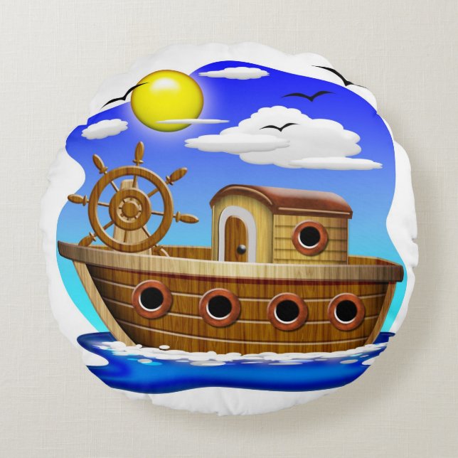 Cojín Redondo Barco Pesquero Dibujo Animado  (Anverso)