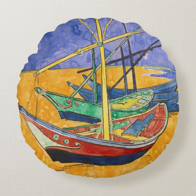 Cojín Redondo Barcos de Van Gogh Impresionismo Playa (Anverso)