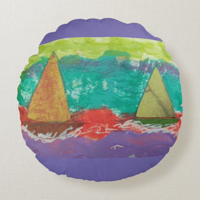 Cojín Redondo Barcos de vela Agua Púrpura (Anverso)