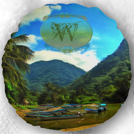 Cojín Redondo Barcos pesqueros del río Mismaloya 0344