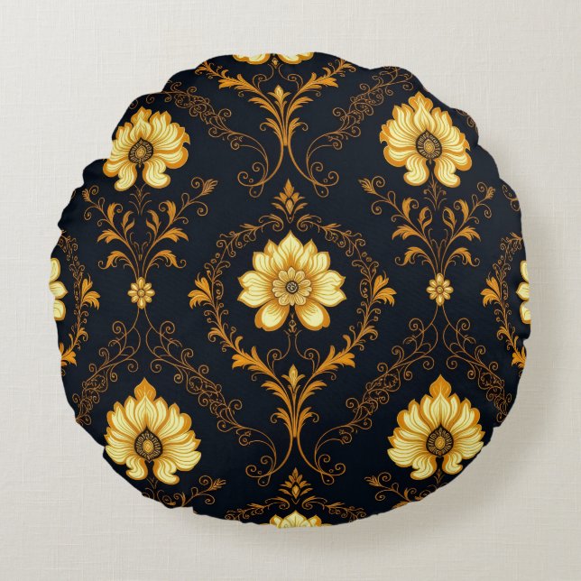 Cojín Redondo "Barockes Ornament-Muster in Gold und Schwarz" Dec (Anverso)