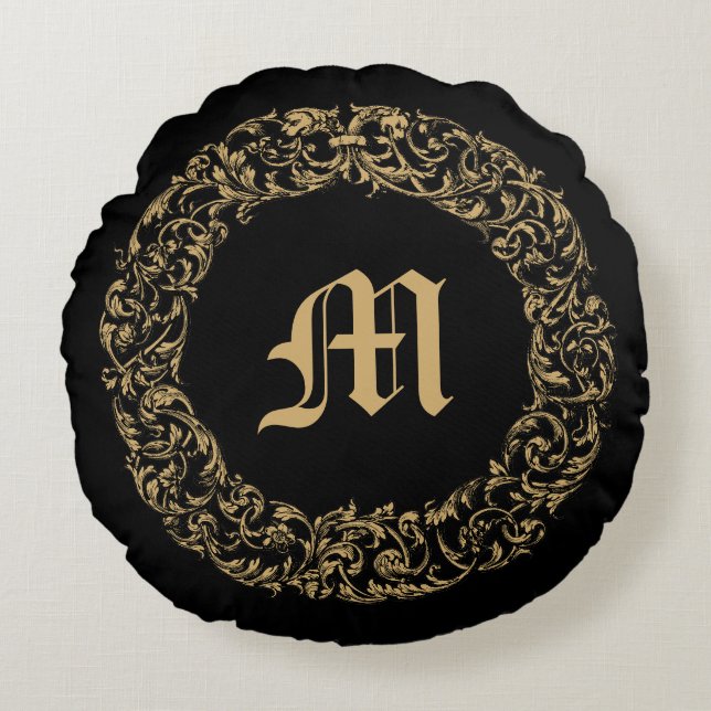 Cojín Redondo Baroque Rococo Floral Wreath Monogram Print (Anverso)