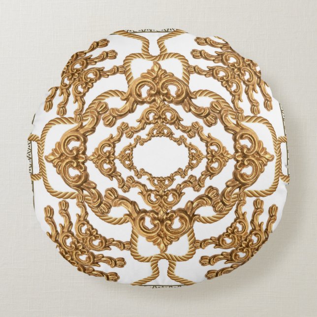 Cojín Redondo Barroco dorado: diseño de ornamentos lujosos. (Anverso)